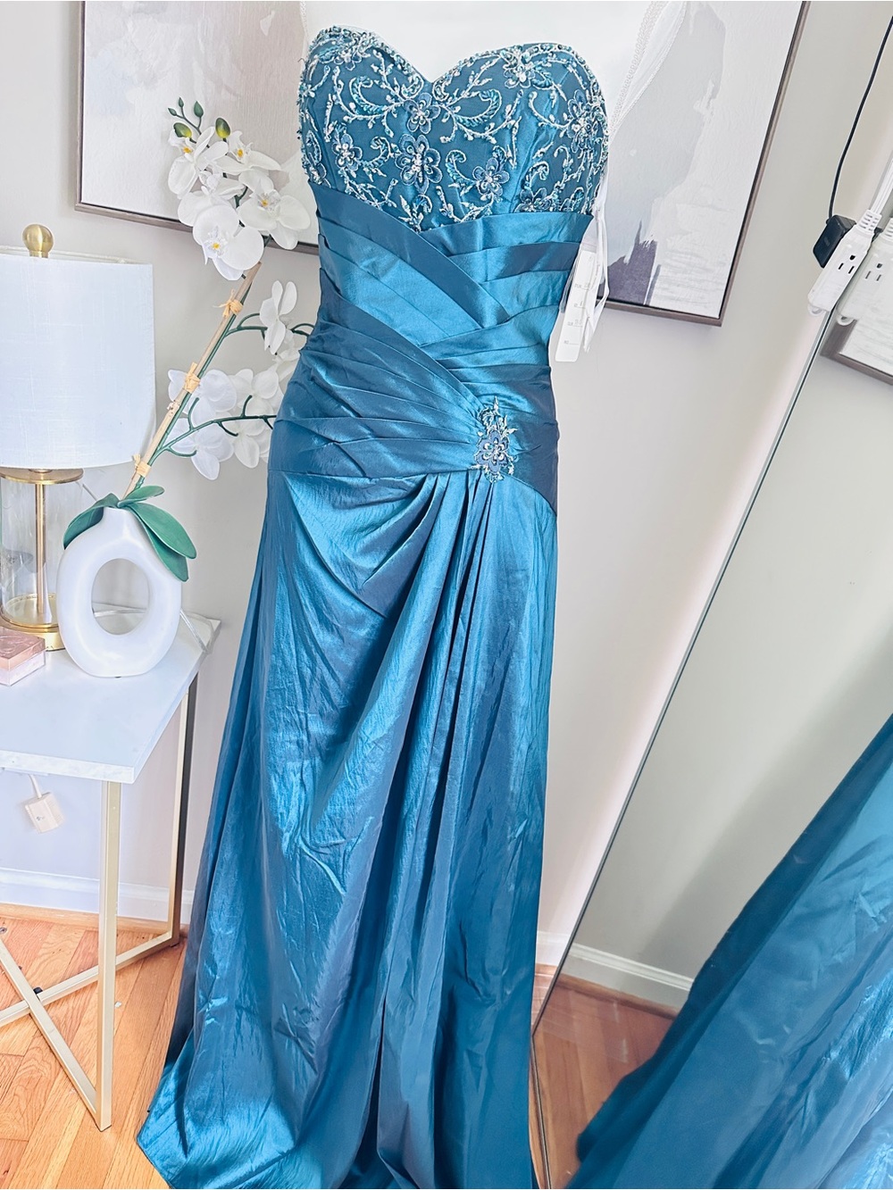 Strapless Teal Beaded Evening Gown